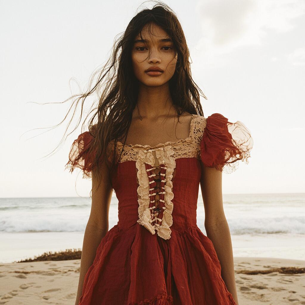 A thin brunette woman looks at the camera showcasing a beautiful red dress with lace accents.