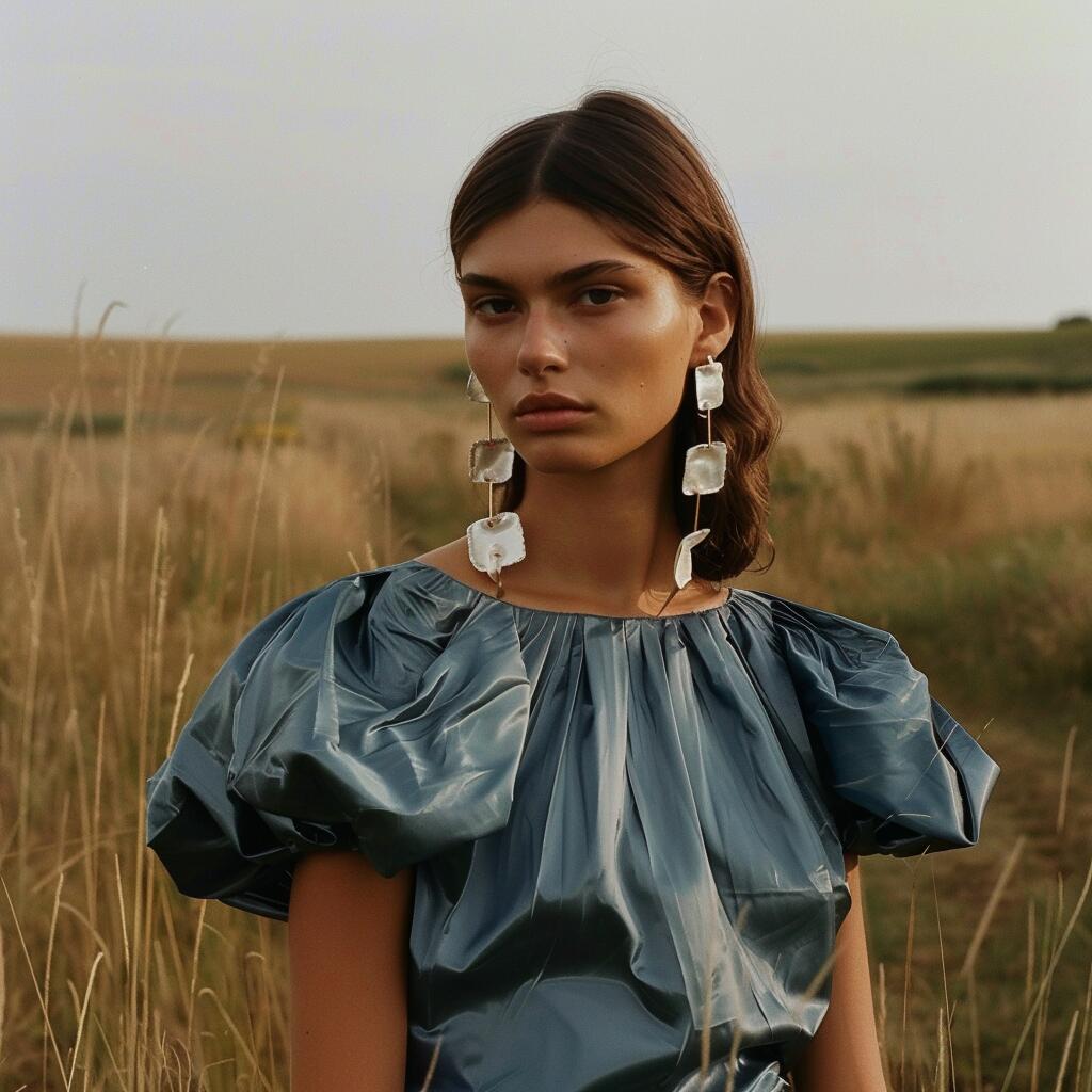 A thin brunette woman looks at the camera with her face angled; she is sporting a gorgeous silver blue dress and white earrings.