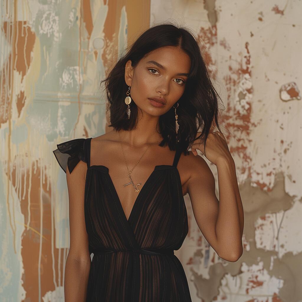 A thin brunette woman wears a stylish black dress paired with earrings and a necklace.